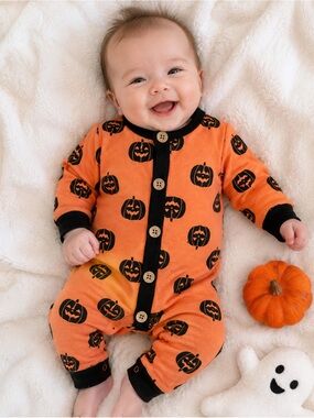 Kids Orange Pumpkin Print Halloween Romper